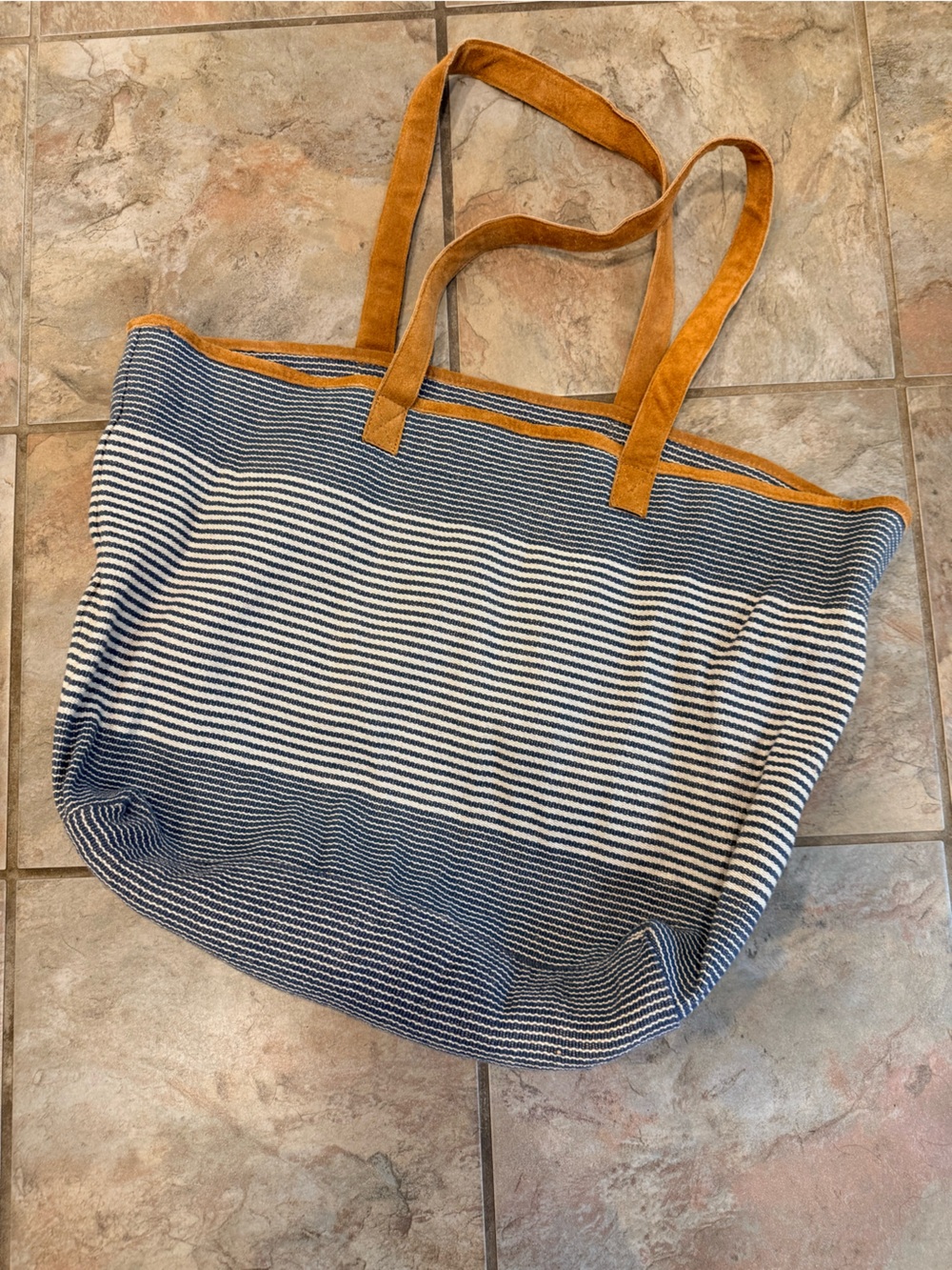 Striped Canvas Tote Bag with Tan Suede Handles